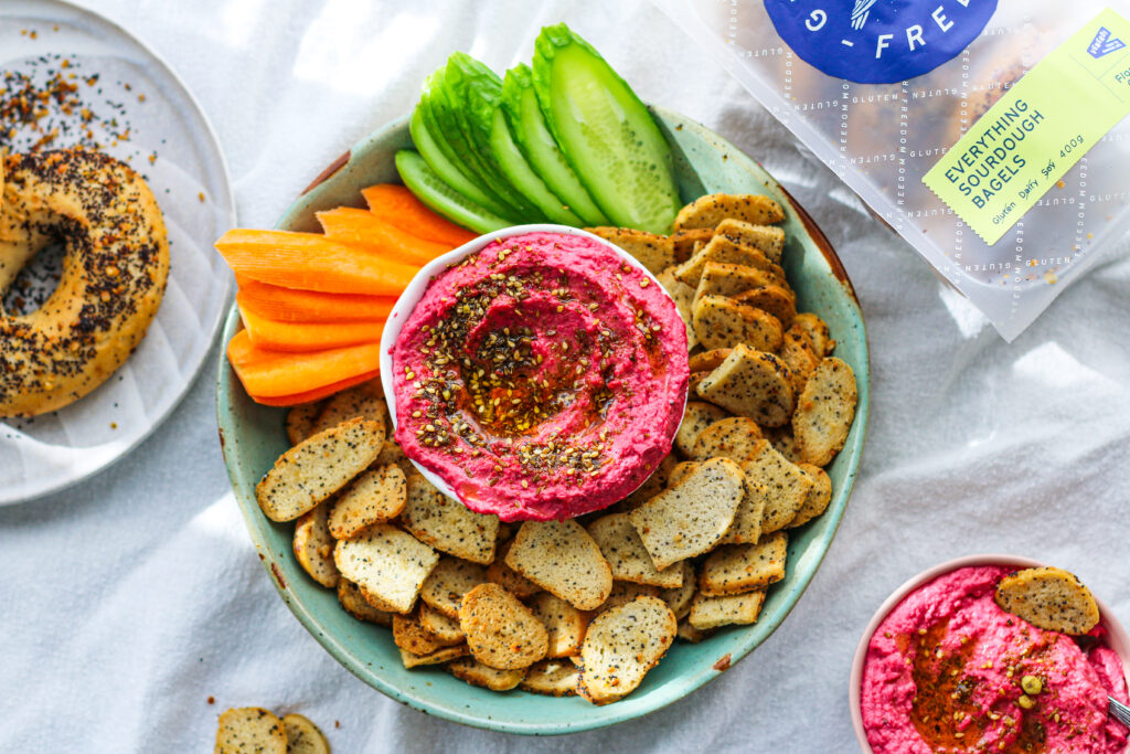 Everything Sourdough Bagel Chips with beetroot Hummus -