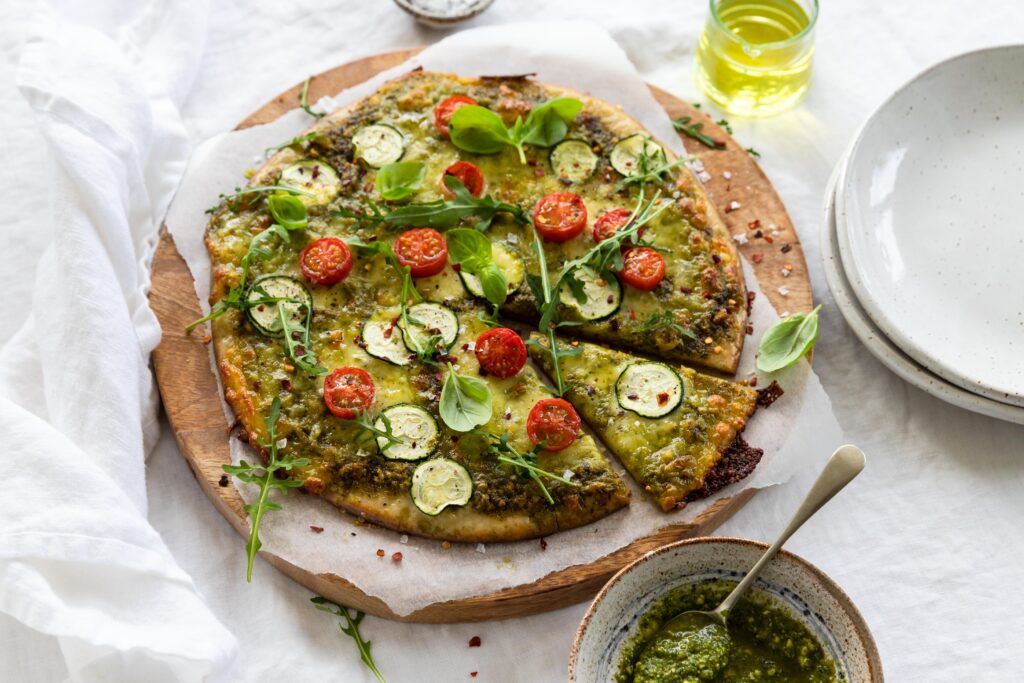 Pesto Pizza with Mozzarella, Tomato, and Zucchini -